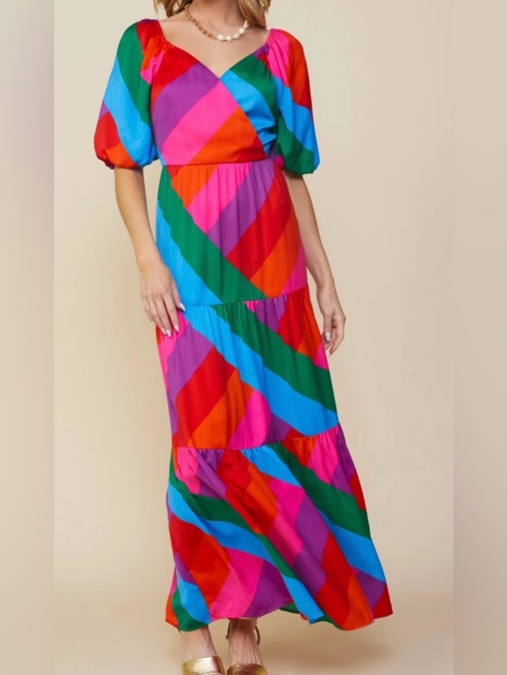Skies Are Blue Women Multi color Puff sleeves Maxi Long Layer Dress Size Small